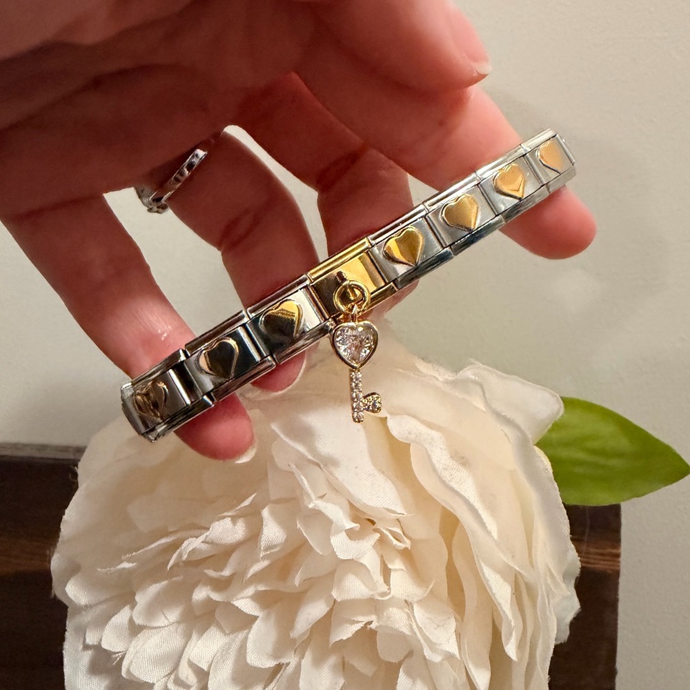 Gold Heart Italian Charm Bracelet with Dangle Key Charm